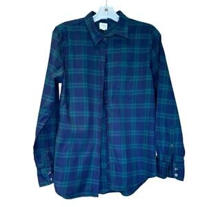 Women's J Crew Long Sleeve Boy Fit Blue Green Plaid Flannel Button Shirt, Sz. Sm